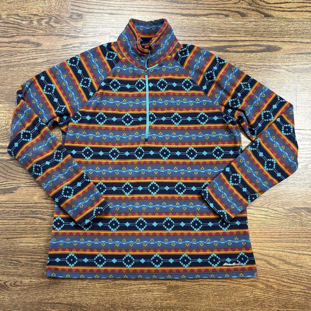 Eddie Bauer Sweatshirt Womens XL Blue 1/4 Zip Fleece Southwestern Aztec Pullover